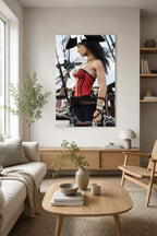 Handcrafted Female Pirate Captain wall art featuring a fearless pirate aboard a historic sailing ship holding a polished cutlass with twin flintlock pistols. Premium fantasy artwork for pirate collectors, gaming rooms, nautical décor, and fantasy enthusiasts.