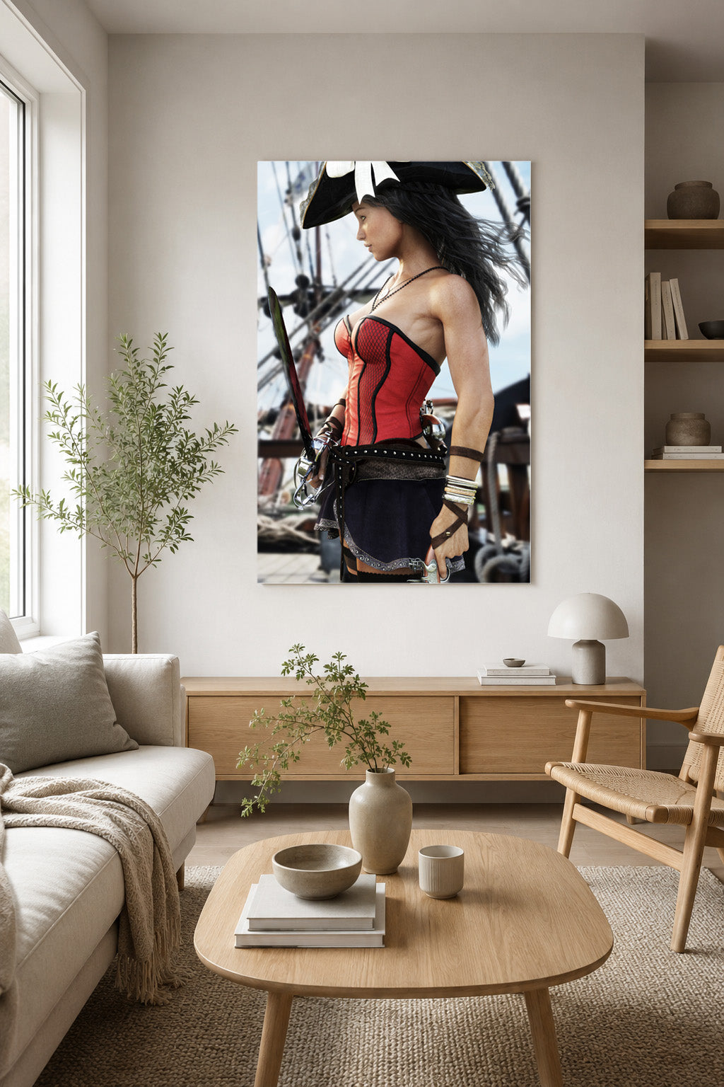 Handcrafted Female Pirate Captain wall art featuring a fearless pirate aboard a historic sailing ship holding a polished cutlass with twin flintlock pistols. Premium fantasy artwork for pirate collectors, gaming rooms, nautical décor, and fantasy enthusiasts.