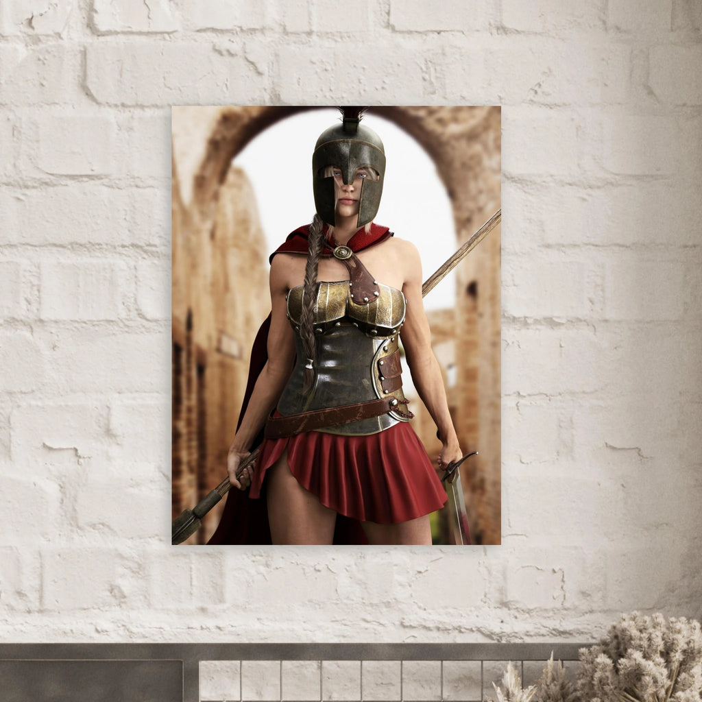 A vertical wall art print depicting a Spartan warrior in bronze and red armor with a helmet, hanging on a white brick wall above a mantel.
