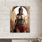 A vertical wall art print depicting a Spartan warrior in bronze and red armor with a helmet, hanging on a white brick wall above a mantel.