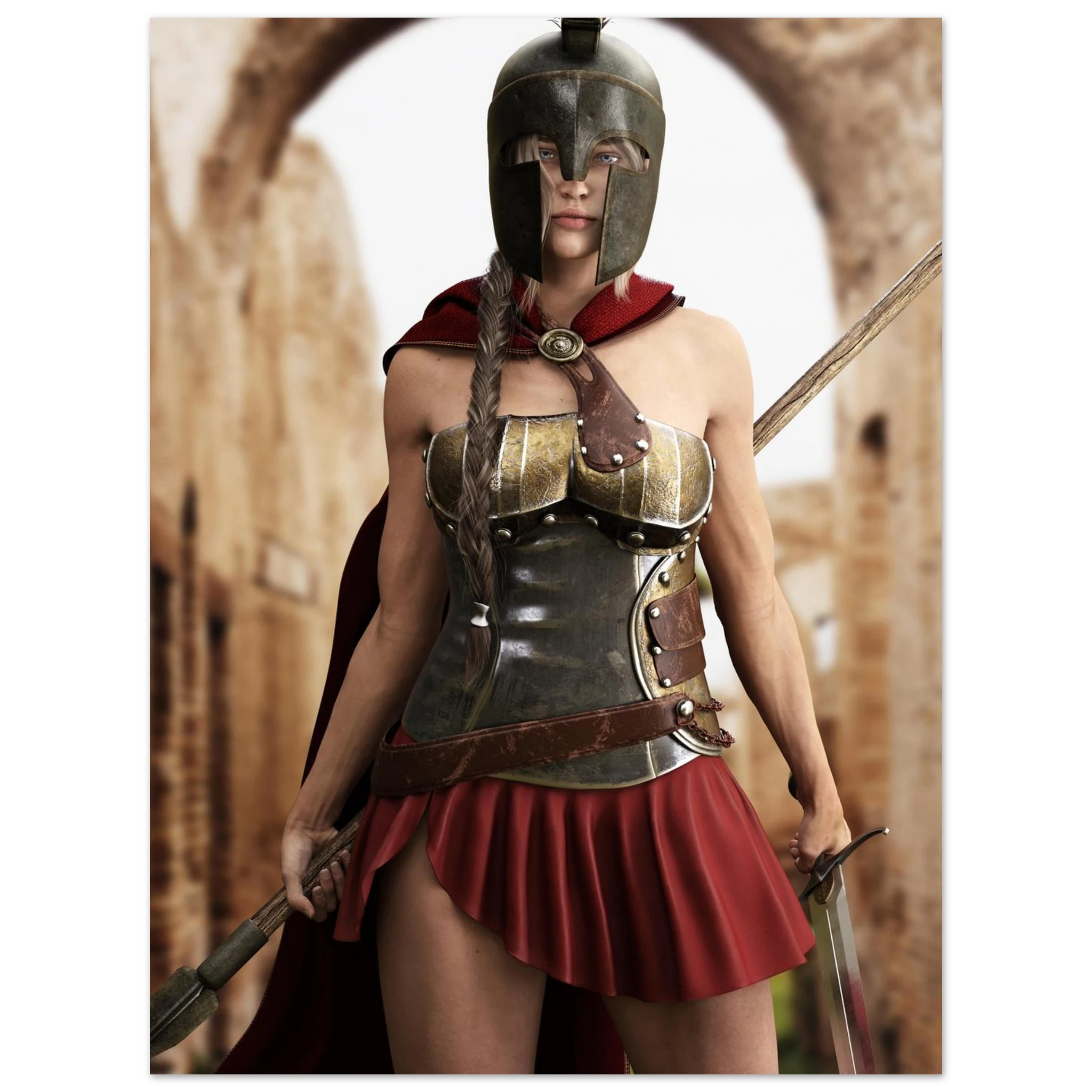 A woman wearing a Spartan-style warrior costume with a metal helmet, bronze and brown breastplate, red cape, and red pleated skirt, posed in front of an archway.