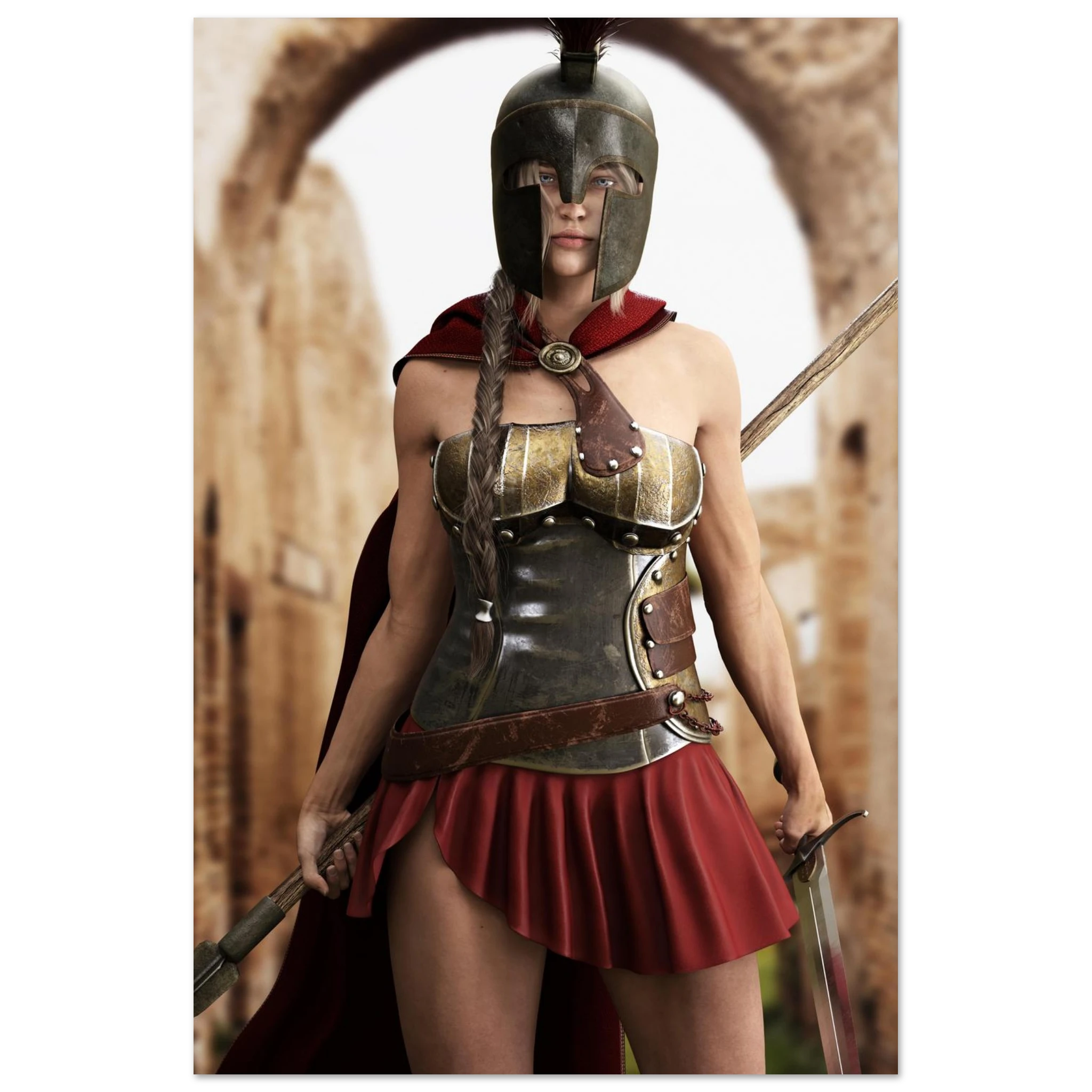 A woman wearing a Spartan-style warrior costume with a bronze helmet, metallic breastplate, red cape, and red pleated skirt, holding swords in an outdoor stone archway setting.
