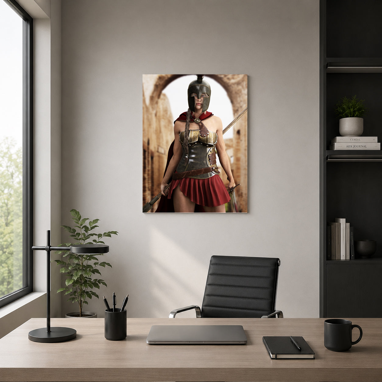 A vertical canvas wall art print depicting a female Spartan warrior in armor and a red skirt, hanging on a light gray wall in a modern home office setting with a desk, chair, and laptop.