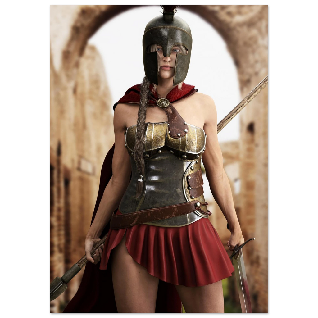 A woman wearing a Spartan warrior costume with a bronze helmet, metallic breastplate, red cape, and pleated red skirt, holding swords in a stone archway setting.