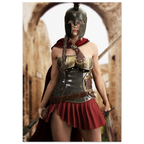 A woman wearing a Spartan warrior costume with a bronze helmet, metallic breastplate, red cape, and pleated red skirt, holding swords in a stone archway setting.