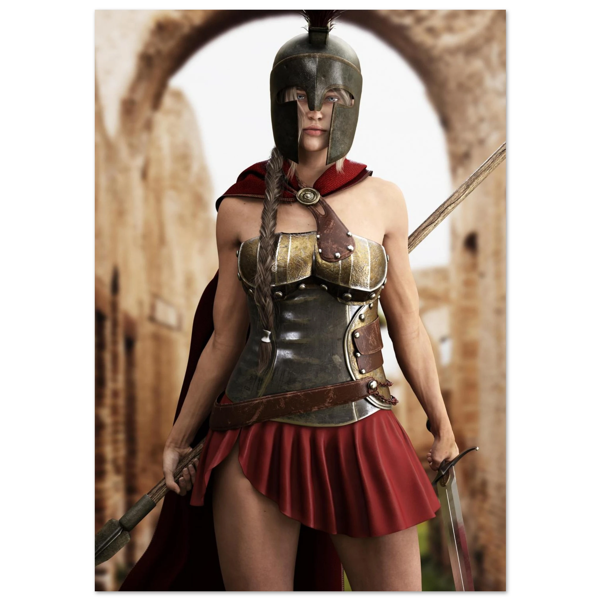 A woman dressed as a Spartan warrior wearing a bronze helmet, metallic breastplate, red cape, and red pleated skirt, holding spears in front of an archway.