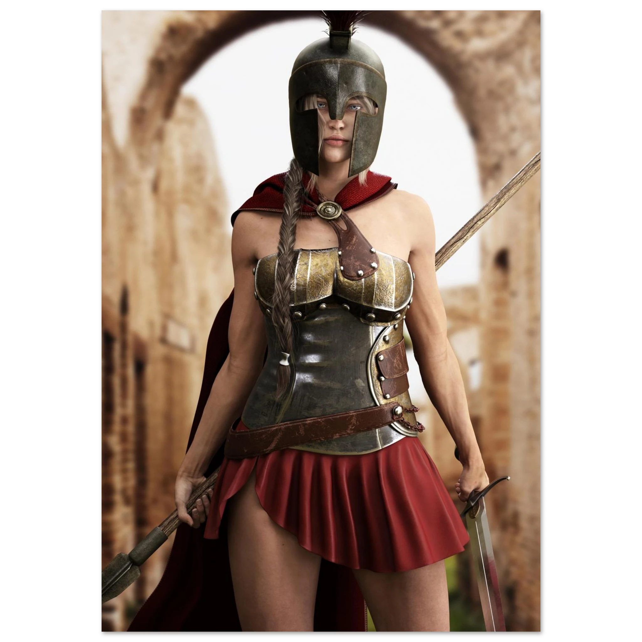 A woman dressed as a Spartan warrior wearing a bronze helmet, metallic breastplate, red cape, and red pleated skirt, holding swords in an ancient stone arena setting.