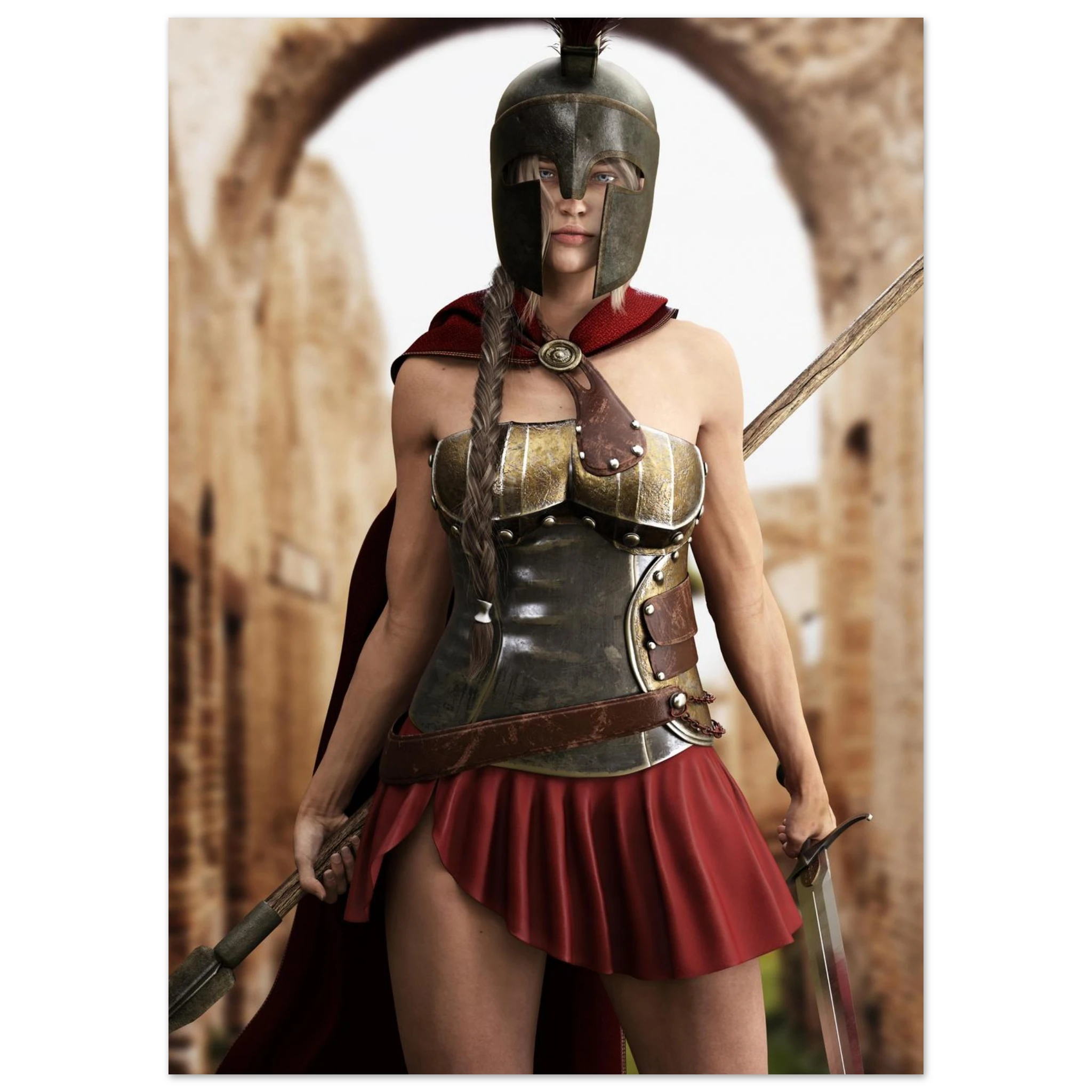 A woman wearing a Spartan-style warrior costume with a bronze helmet, metallic breastplate, red cape, and red pleated skirt, holding swords in an outdoor stone archway setting.
