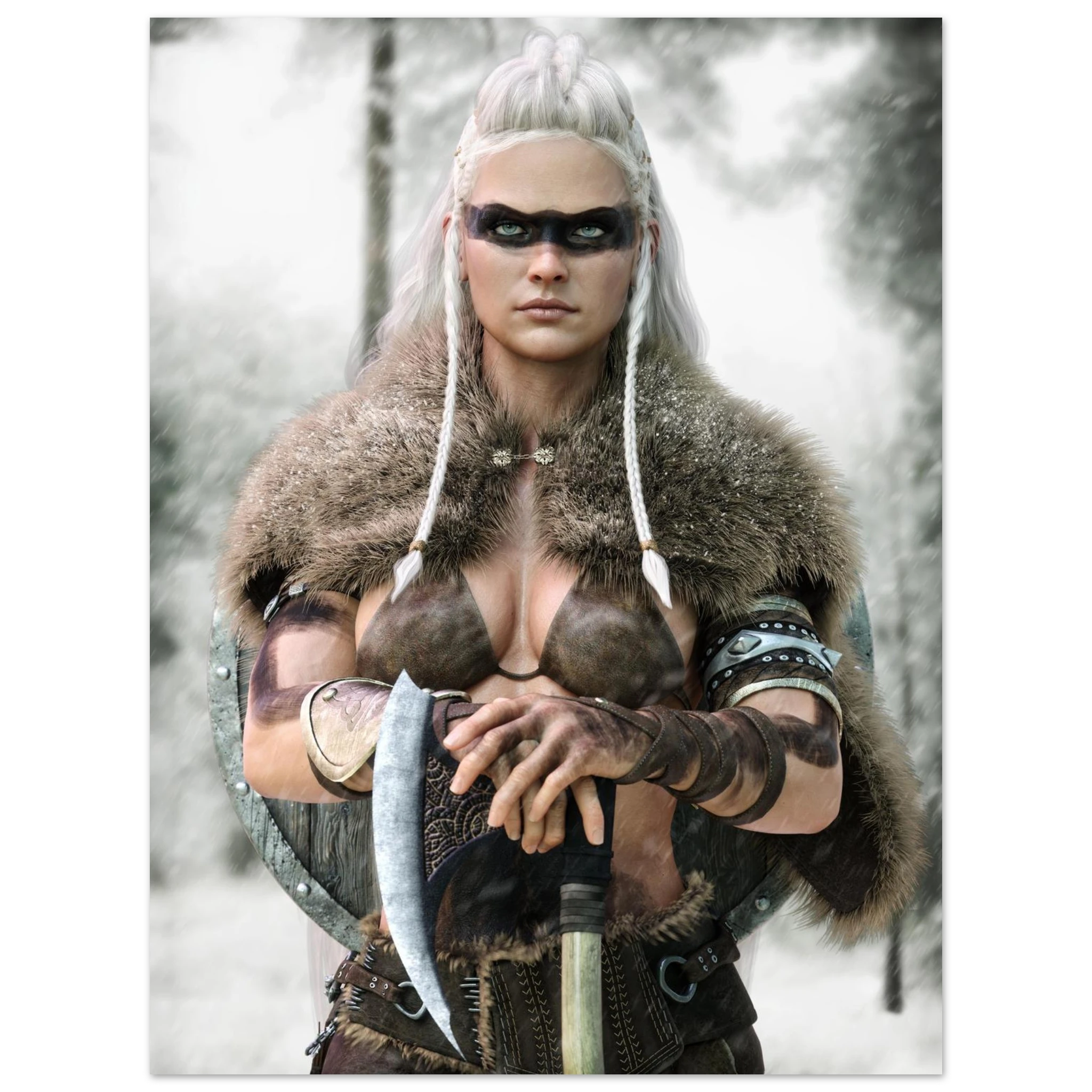 Handcrafted fantasy artwork of a Viking shieldmaiden wearing fur-lined armor and Nordic war paint while holding a battle axe in a snowy wilderness.