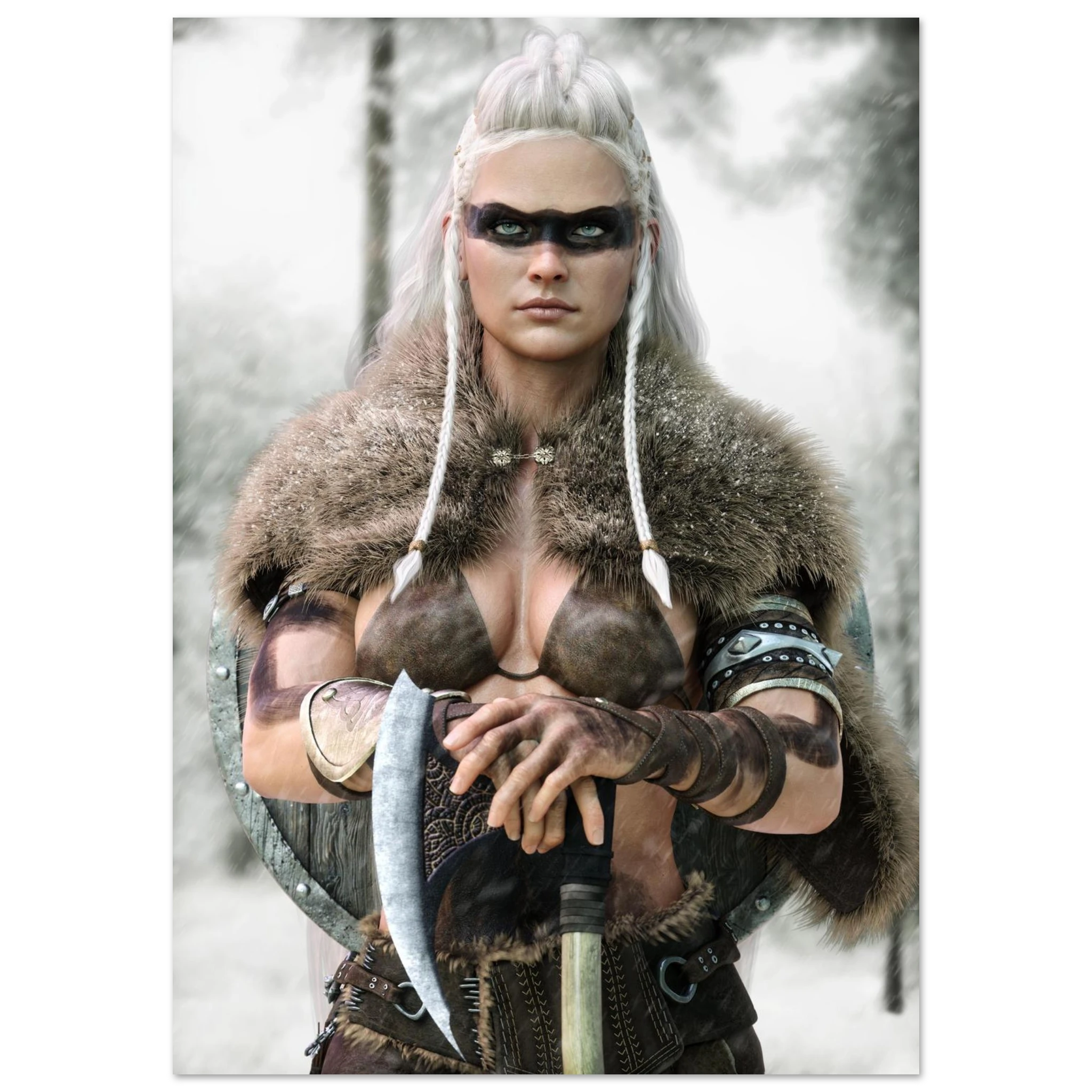 Handcrafted fantasy artwork of a Viking shieldmaiden wearing fur-lined armor and Nordic war paint while holding a battle axe in a snowy wilderness.
