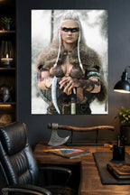 Handcrafted fantasy artwork of a Viking shieldmaiden wearing fur-lined armor and Nordic war paint while holding a battle axe in a snowy wilderness.