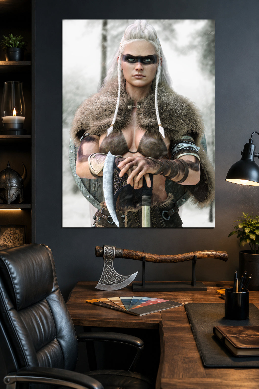 Handcrafted fantasy artwork of a Viking shieldmaiden wearing fur-lined armor and Nordic war paint while holding a battle axe in a snowy wilderness.