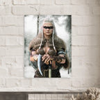 Handcrafted fantasy artwork of a Viking shieldmaiden wearing fur-lined armor and Nordic war paint while holding a battle axe in a snowy wilderness.