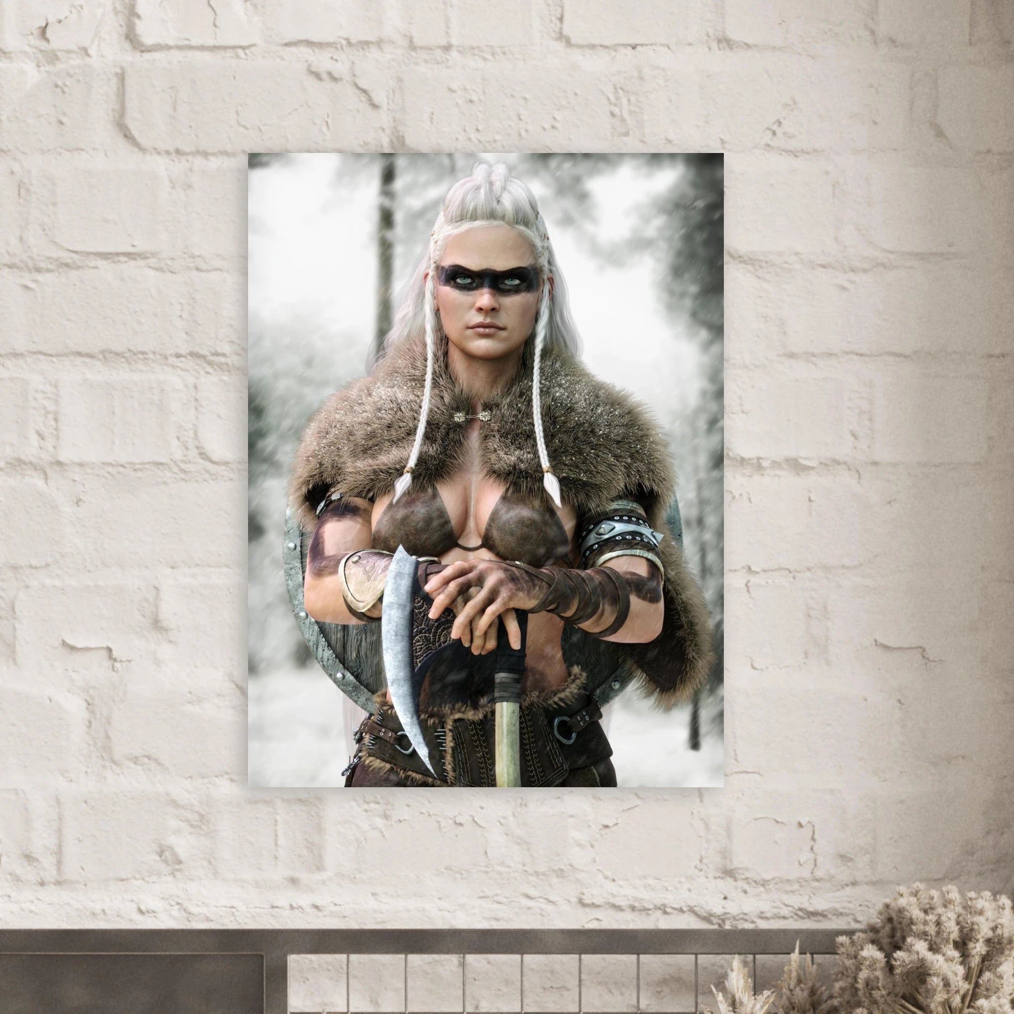 Handcrafted fantasy artwork of a Viking shieldmaiden wearing fur-lined armor and Nordic war paint while holding a battle axe in a snowy wilderness.