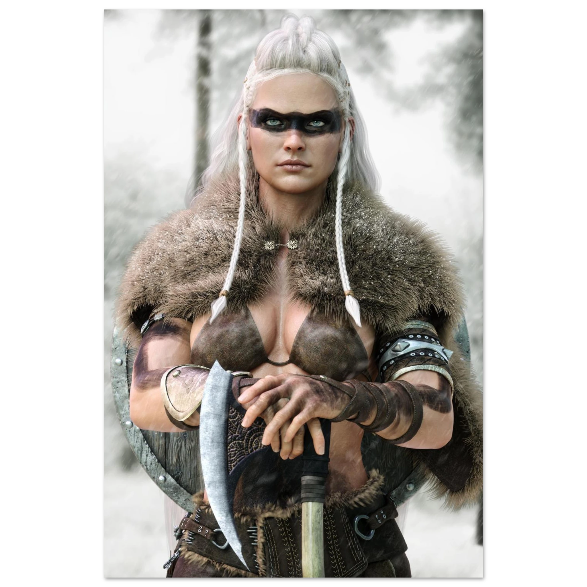 Handcrafted fantasy artwork of a Viking shieldmaiden wearing fur-lined armor and Nordic war paint while holding a battle axe in a snowy wilderness.