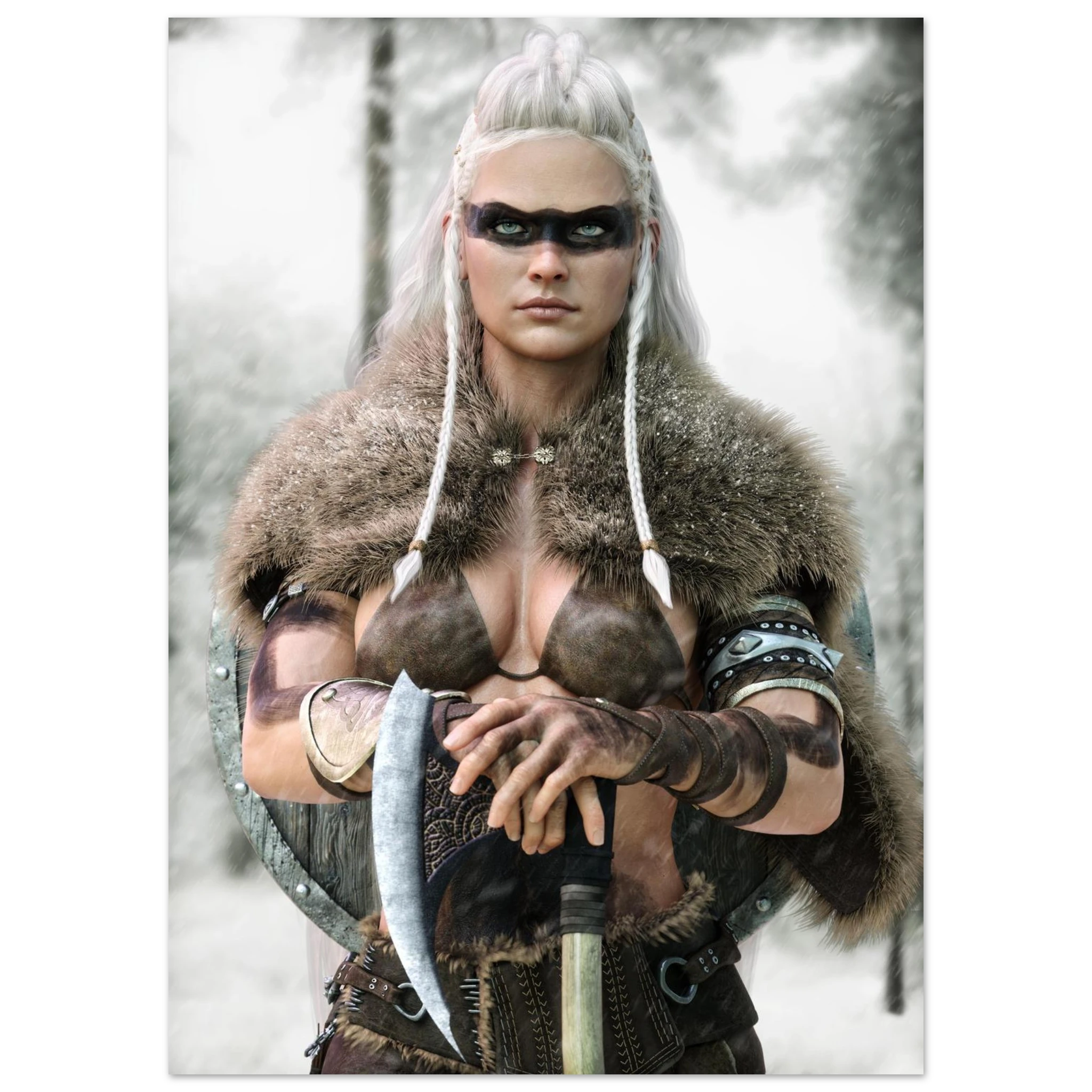 Handcrafted fantasy artwork of a Viking shieldmaiden wearing fur-lined armor and Nordic war paint while holding a battle axe in a snowy wilderness.