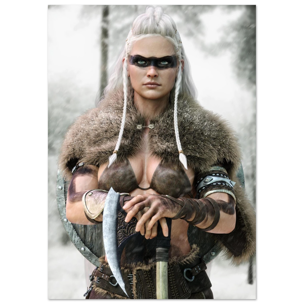 Handcrafted fantasy artwork of a Viking shieldmaiden wearing fur-lined armor and Nordic war paint while holding a battle axe in a snowy wilderness.