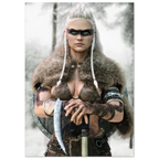 Handcrafted fantasy artwork of a Viking shieldmaiden wearing fur-lined armor and Nordic war paint while holding a battle axe in a snowy wilderness.