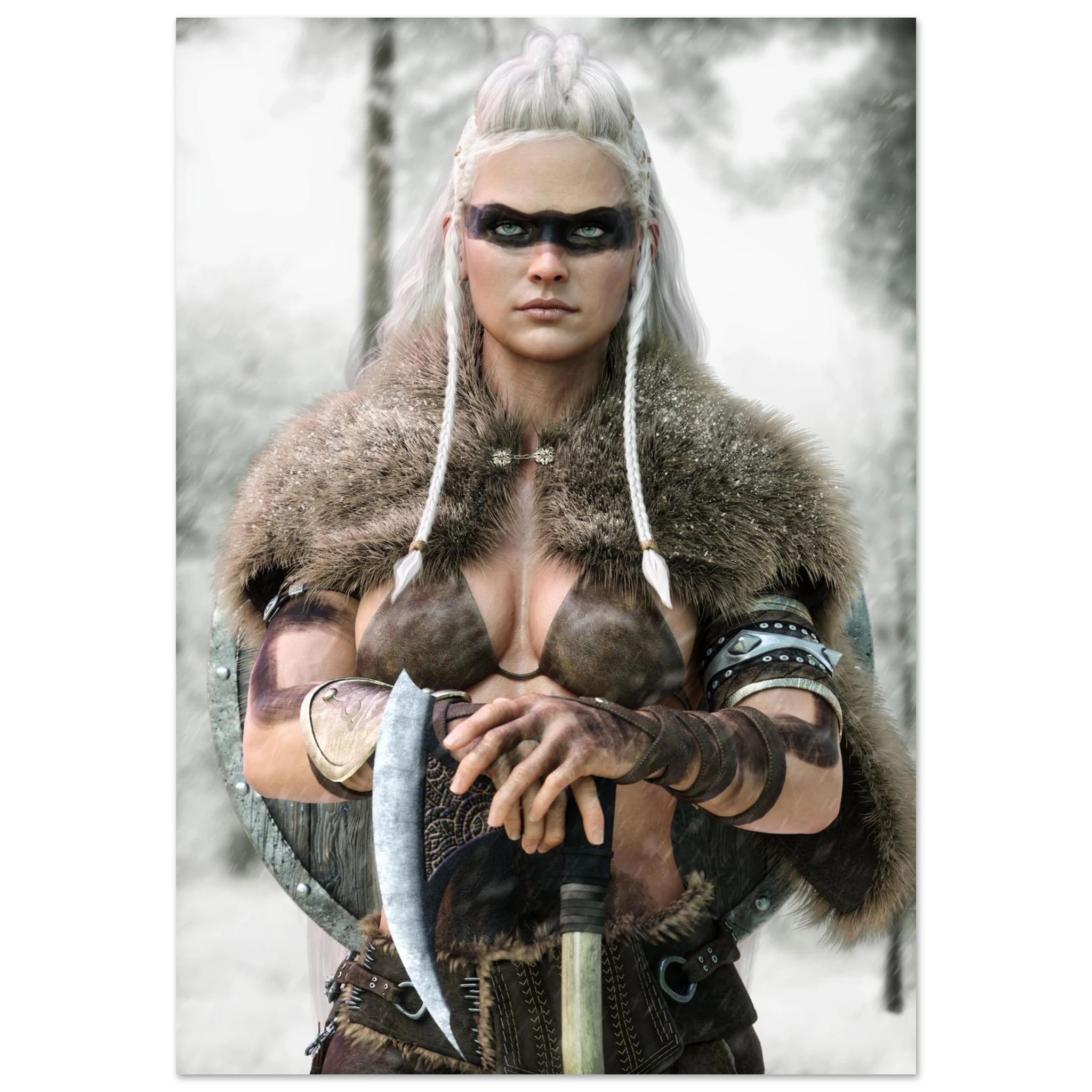 Handcrafted fantasy artwork of a Viking shieldmaiden wearing fur-lined armor and Nordic war paint while holding a battle axe in a snowy wilderness.