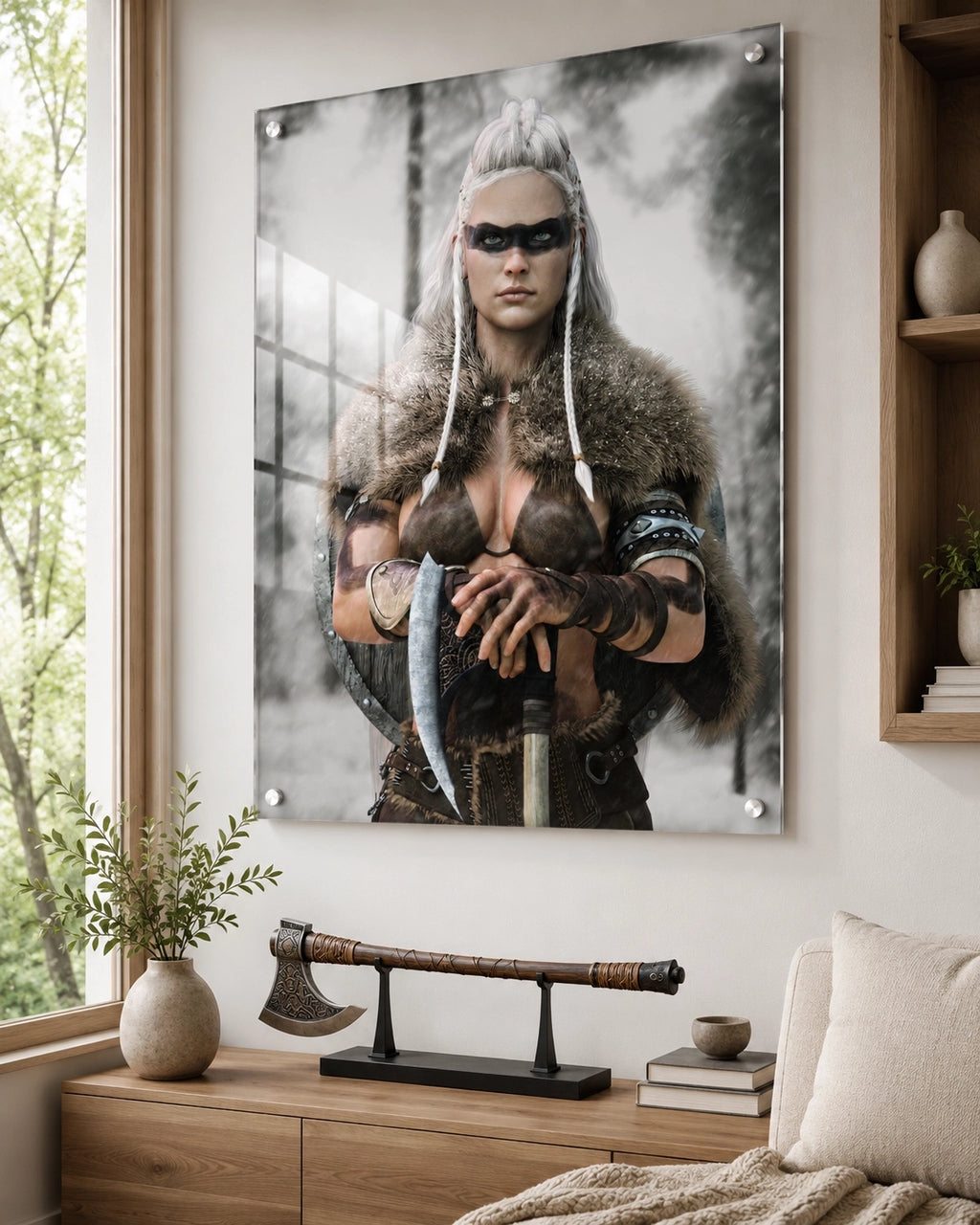 Handcrafted fantasy artwork of a Viking shieldmaiden wearing fur-lined armor and Nordic war paint while holding a battle axe in a snowy wilderness.