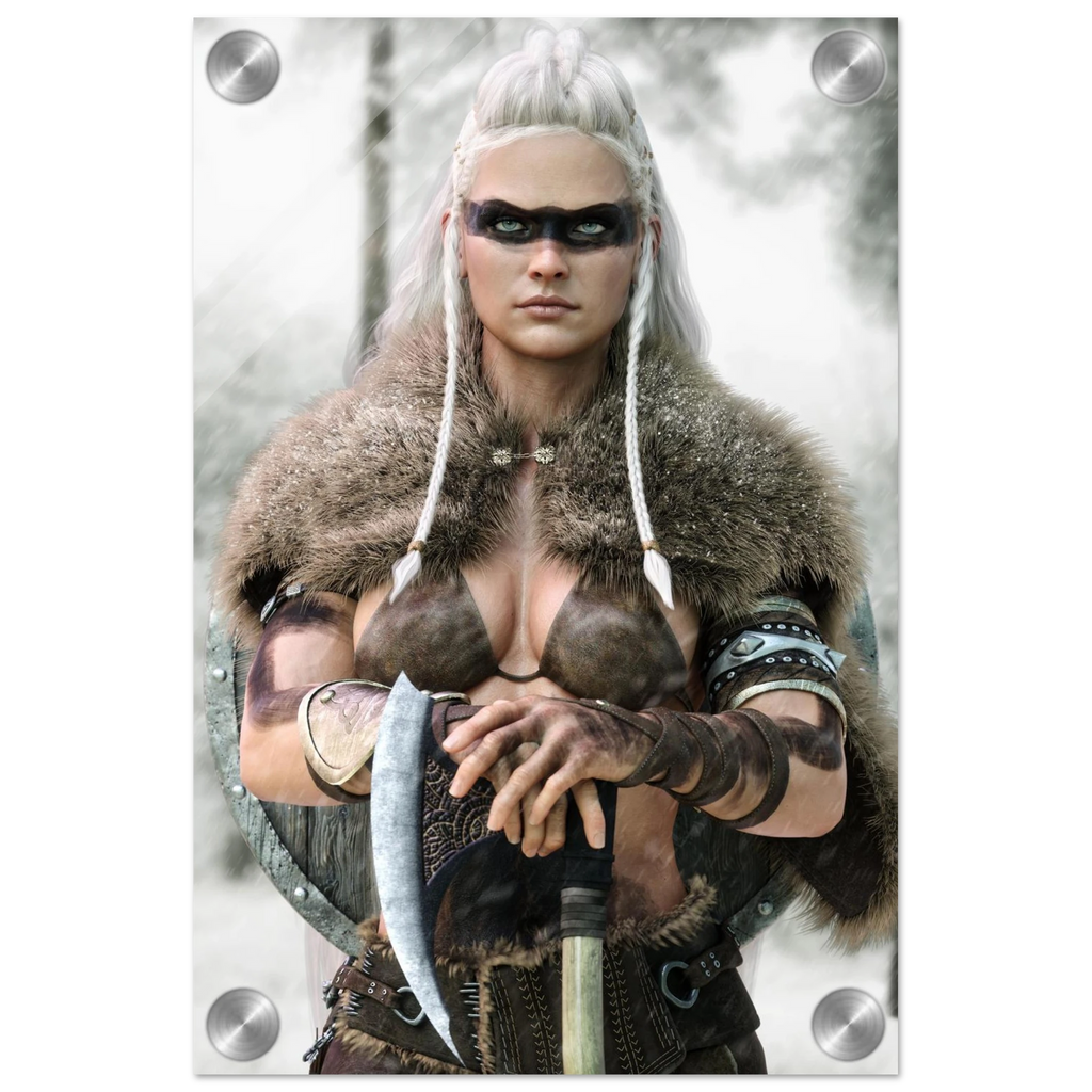 Handcrafted fantasy artwork of a Viking shieldmaiden wearing fur-lined armor and Nordic war paint while holding a battle axe in a snowy wilderness.