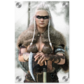 Handcrafted fantasy artwork of a Viking shieldmaiden wearing fur-lined armor and Nordic war paint while holding a battle axe in a snowy wilderness.