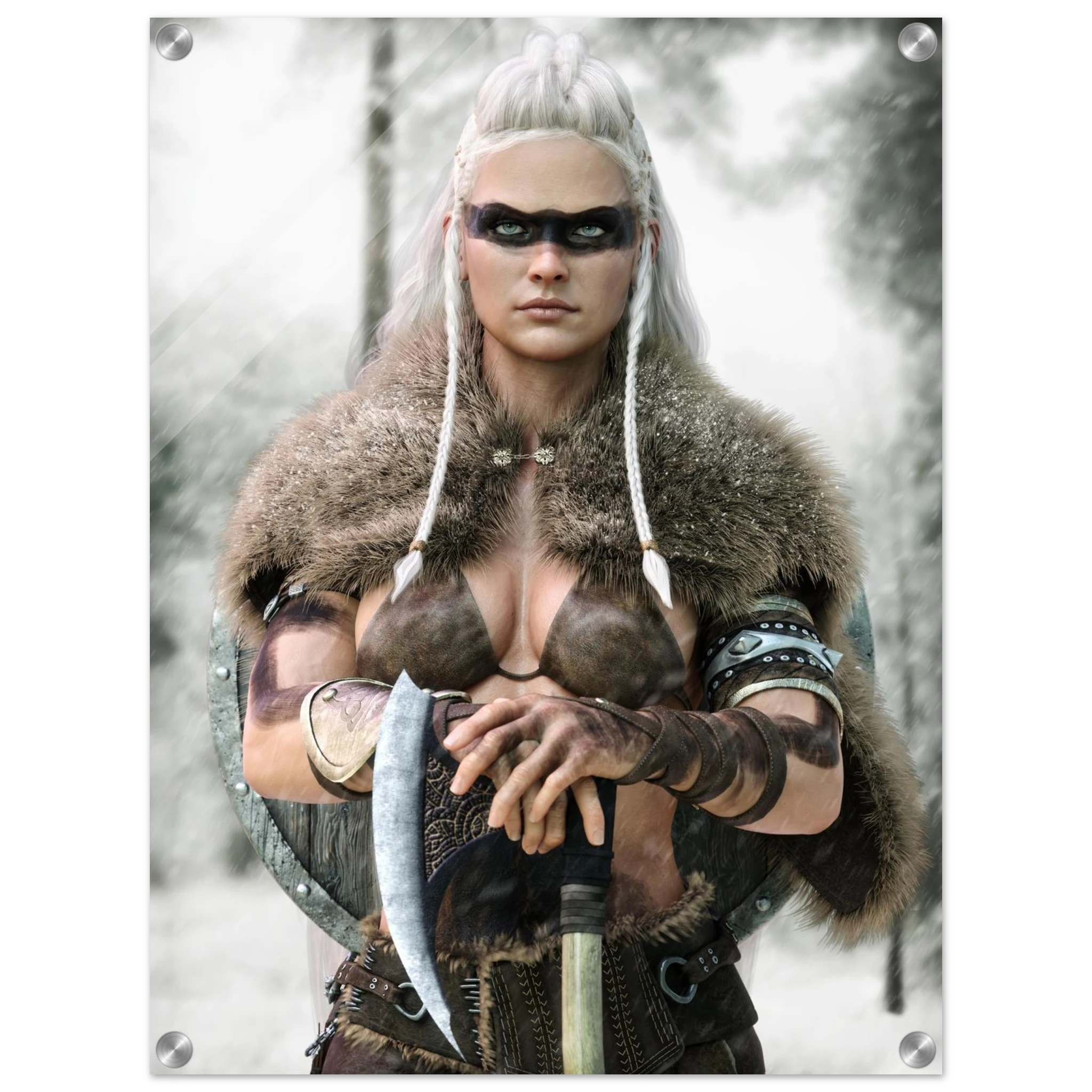 Handcrafted fantasy artwork of a Viking shieldmaiden wearing fur-lined armor and Nordic war paint while holding a battle axe in a snowy wilderness.