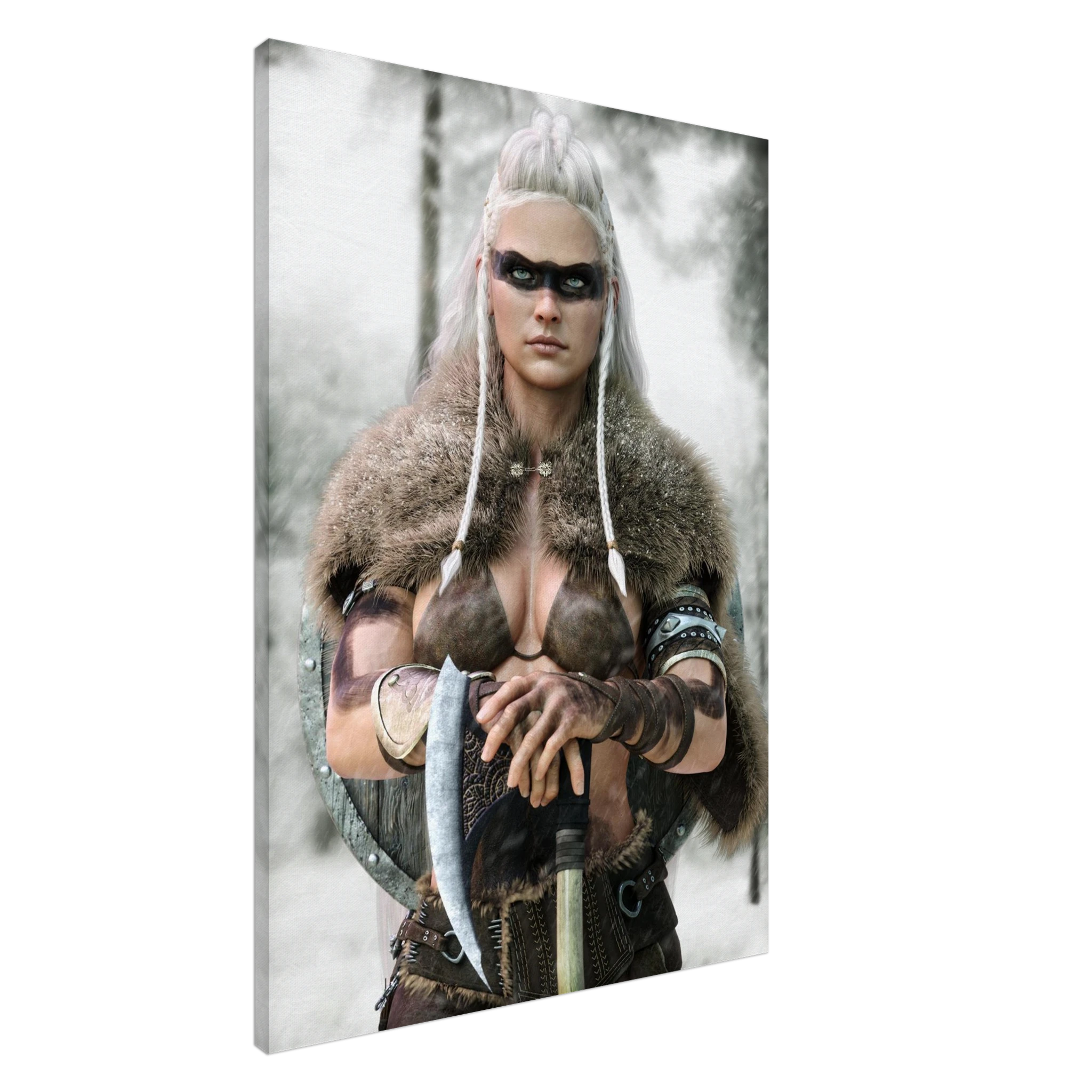 Handcrafted fantasy artwork of a Viking shieldmaiden wearing fur-lined armor and Nordic war paint while holding a battle axe in a snowy wilderness.