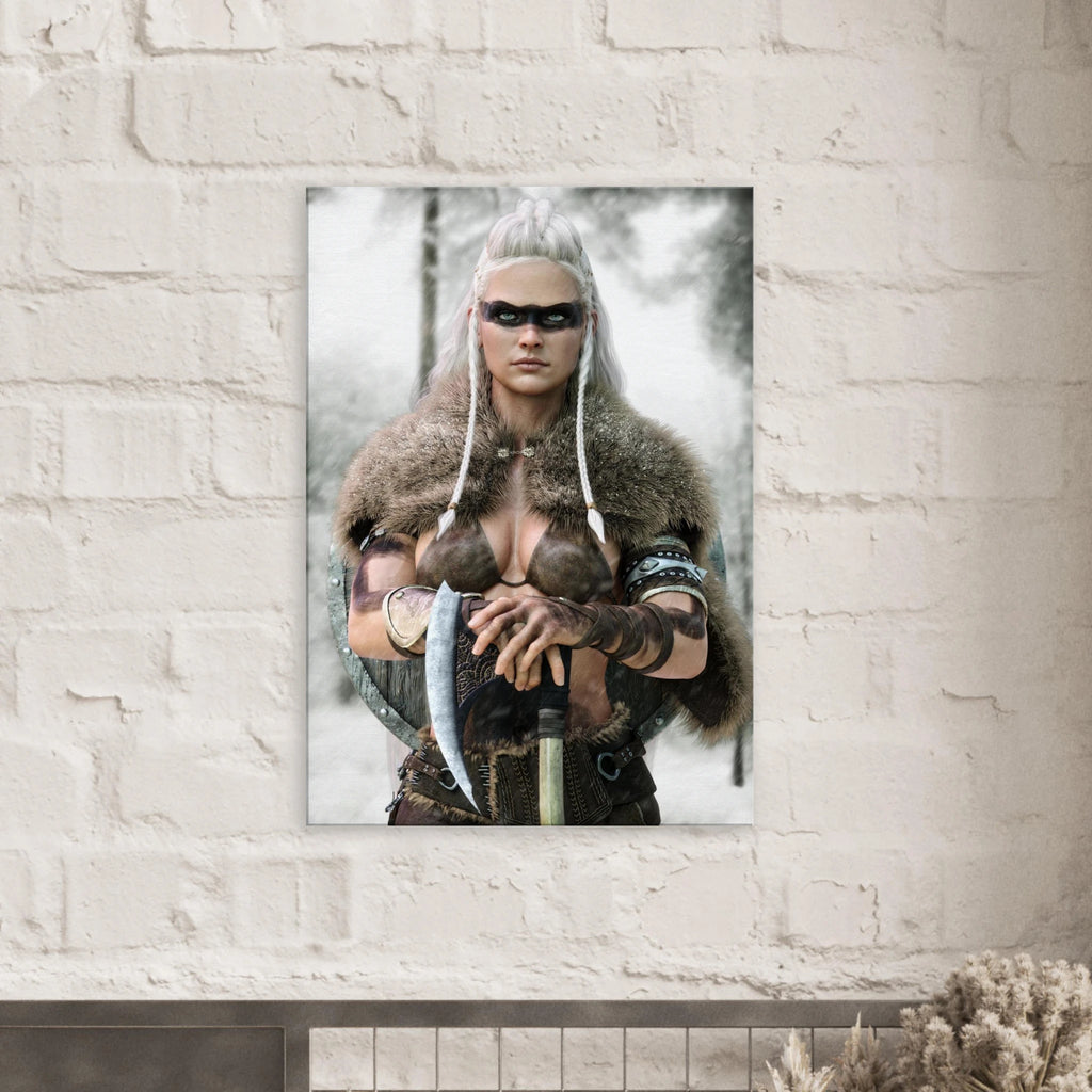 Handcrafted fantasy artwork of a Viking shieldmaiden wearing fur-lined armor and Nordic war paint while holding a battle axe in a snowy wilderness.