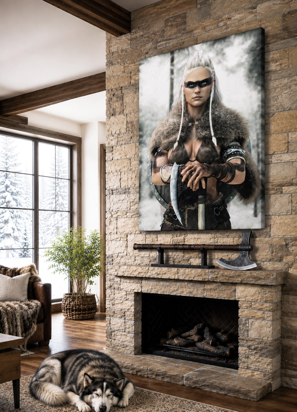 Handcrafted fantasy artwork of a Viking shieldmaiden wearing fur-lined armor and Nordic war paint while holding a battle axe in a snowy wilderness.