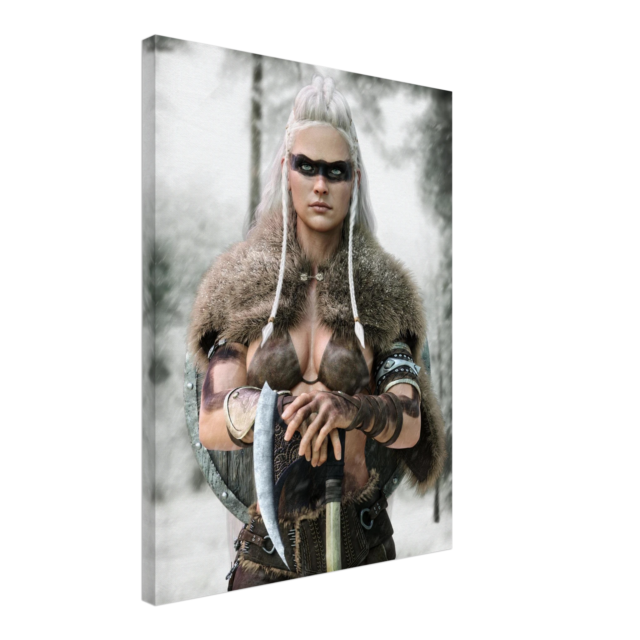 Handcrafted fantasy artwork of a Viking shieldmaiden wearing fur-lined armor and Nordic war paint while holding a battle axe in a snowy wilderness.