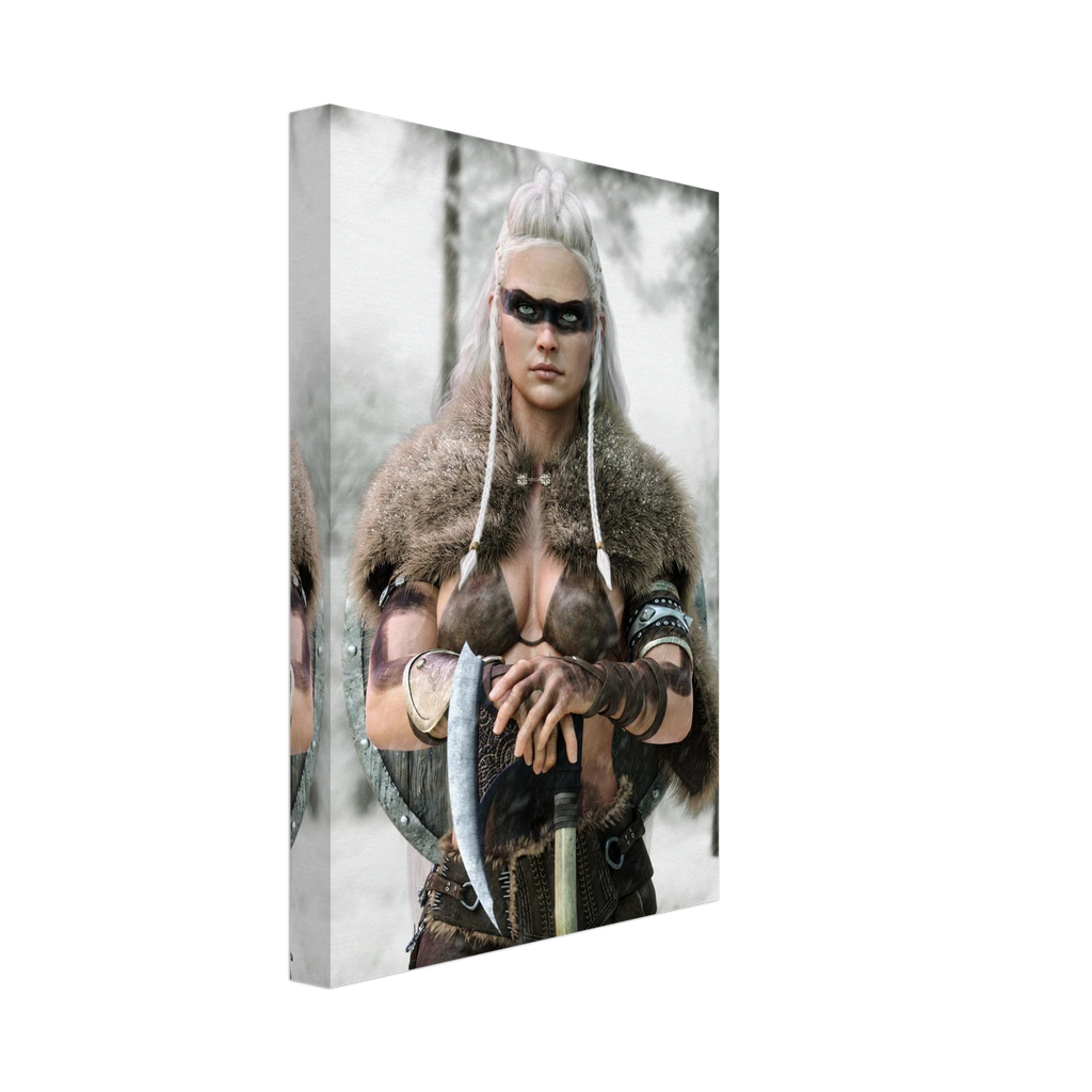 Handcrafted fantasy artwork of a Viking shieldmaiden wearing fur-lined armor and Nordic war paint while holding a battle axe in a snowy wilderness.
