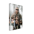 Handcrafted fantasy artwork of a Viking shieldmaiden wearing fur-lined armor and Nordic war paint while holding a battle axe in a snowy wilderness.