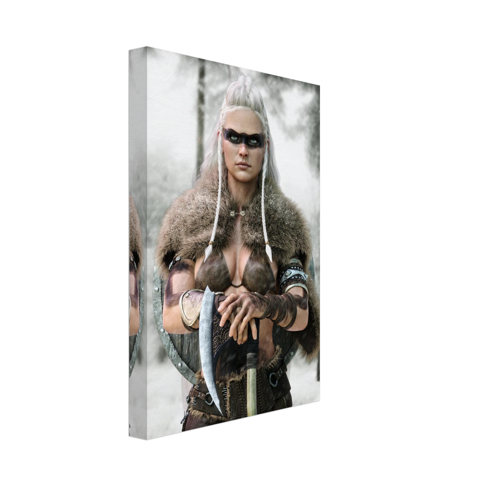 Handcrafted fantasy artwork of a Viking shieldmaiden wearing fur-lined armor and Nordic war paint while holding a battle axe in a snowy wilderness.