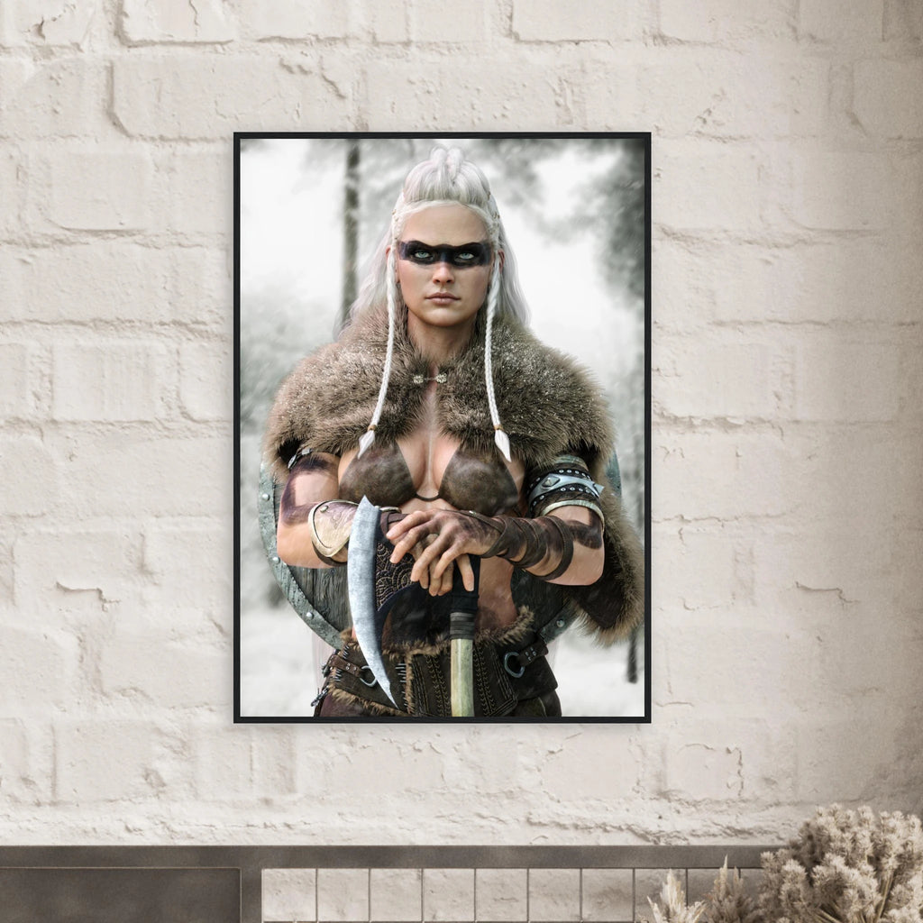 Handcrafted fantasy artwork of a Viking shieldmaiden wearing fur-lined armor and Nordic war paint while holding a battle axe in a snowy wilderness.