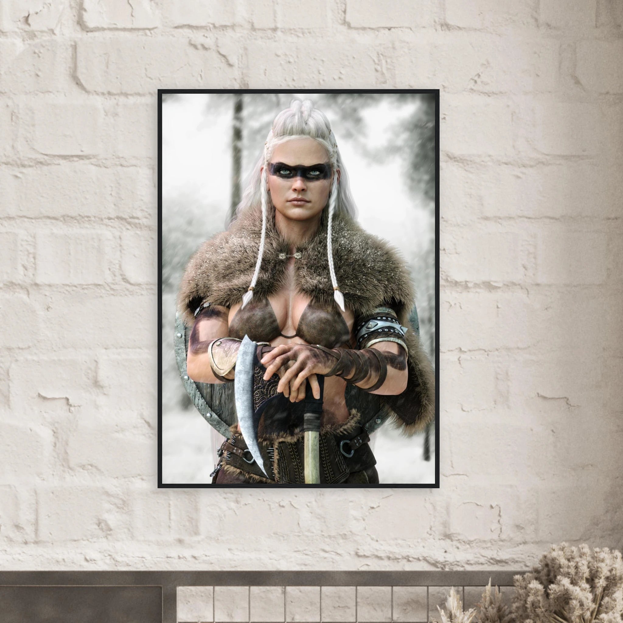 Handcrafted fantasy artwork of a Viking shieldmaiden wearing fur-lined armor and Nordic war paint while holding a battle axe in a snowy wilderness.