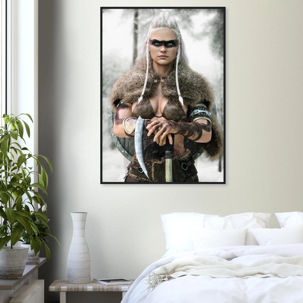Handcrafted fantasy artwork of a Viking shieldmaiden wearing fur-lined armor and Nordic war paint while holding a battle axe in a snowy wilderness.