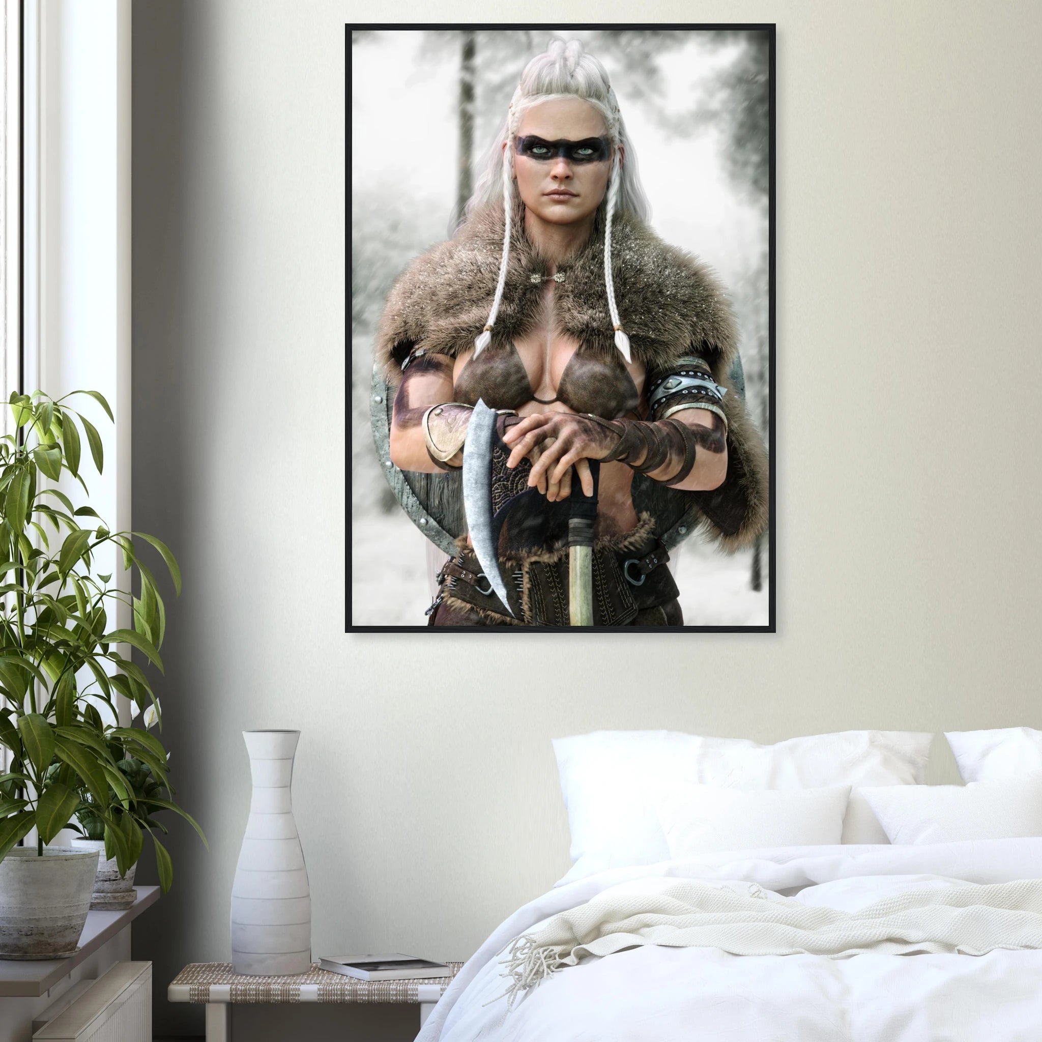 Handcrafted fantasy artwork of a Viking shieldmaiden wearing fur-lined armor and Nordic war paint while holding a battle axe in a snowy wilderness.