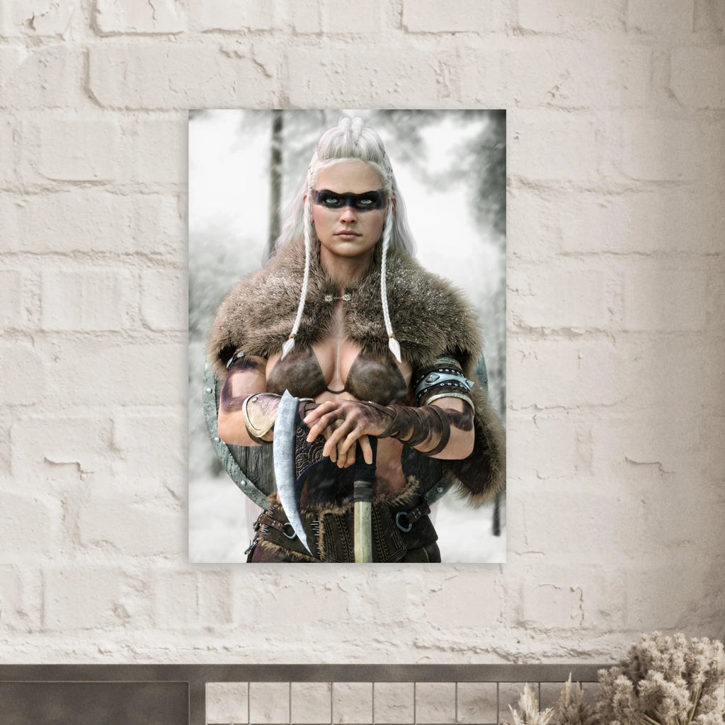 Handcrafted fantasy artwork of a Viking shieldmaiden wearing fur-lined armor and Nordic war paint while holding a battle axe in a snowy wilderness.