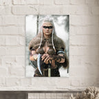 Handcrafted fantasy artwork of a Viking shieldmaiden wearing fur-lined armor and Nordic war paint while holding a battle axe in a snowy wilderness.