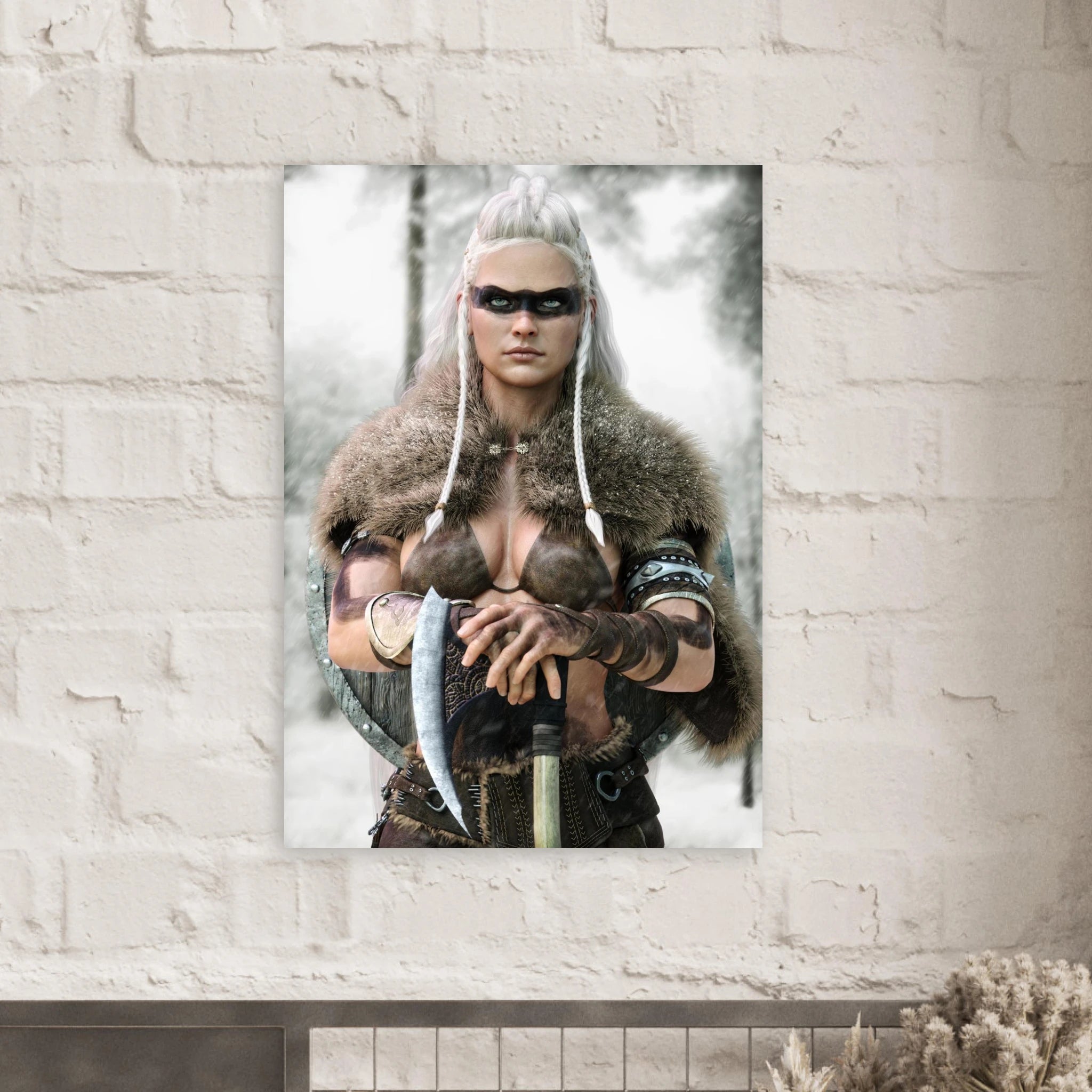 Handcrafted fantasy artwork of a Viking shieldmaiden wearing fur-lined armor and Nordic war paint while holding a battle axe in a snowy wilderness.