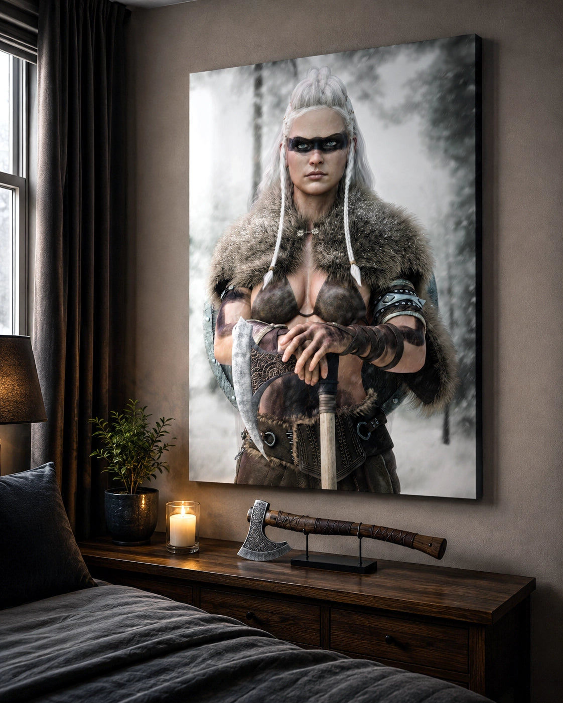 Handcrafted fantasy artwork of a Viking shieldmaiden wearing fur-lined armor and Nordic war paint while holding a battle axe in a snowy wilderness.