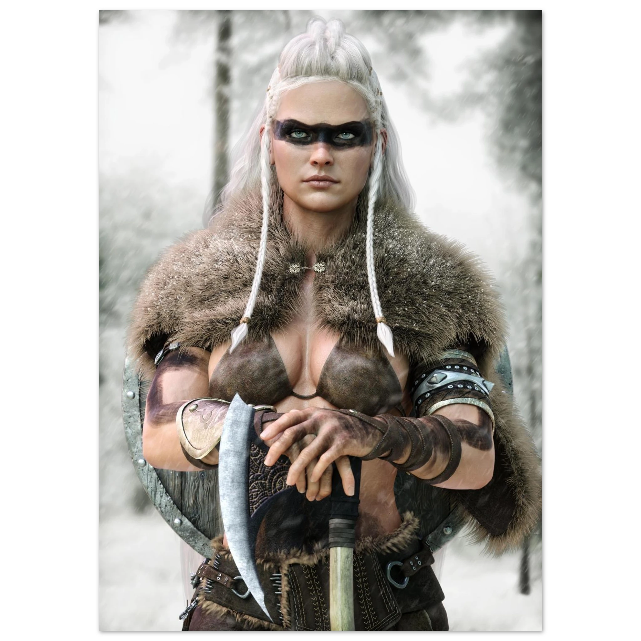 Handcrafted fantasy artwork of a Viking shieldmaiden wearing fur-lined armor and Nordic war paint while holding a battle axe in a snowy wilderness.