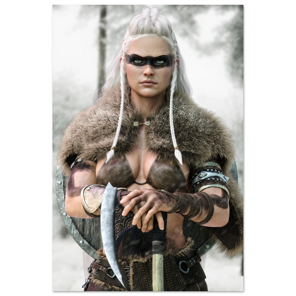 Handcrafted fantasy artwork of a Viking shieldmaiden wearing fur-lined armor and Nordic war paint while holding a battle axe in a snowy wilderness.