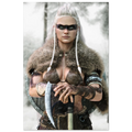 Handcrafted fantasy artwork of a Viking shieldmaiden wearing fur-lined armor and Nordic war paint while holding a battle axe in a snowy wilderness.