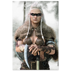 Handcrafted fantasy artwork of a Viking shieldmaiden wearing fur-lined armor and Nordic war paint while holding a battle axe in a snowy wilderness.