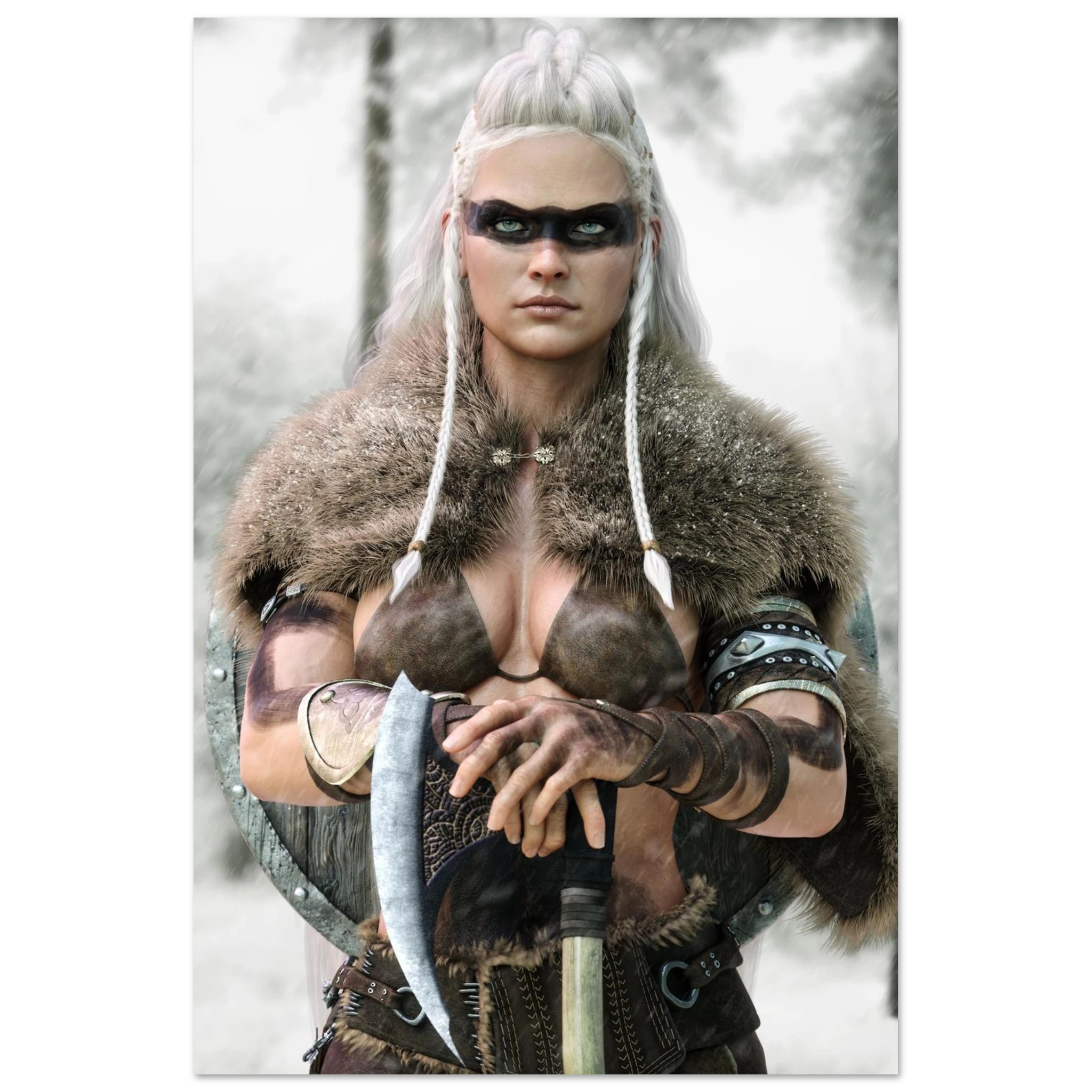 Handcrafted fantasy artwork of a Viking shieldmaiden wearing fur-lined armor and Nordic war paint while holding a battle axe in a snowy wilderness.