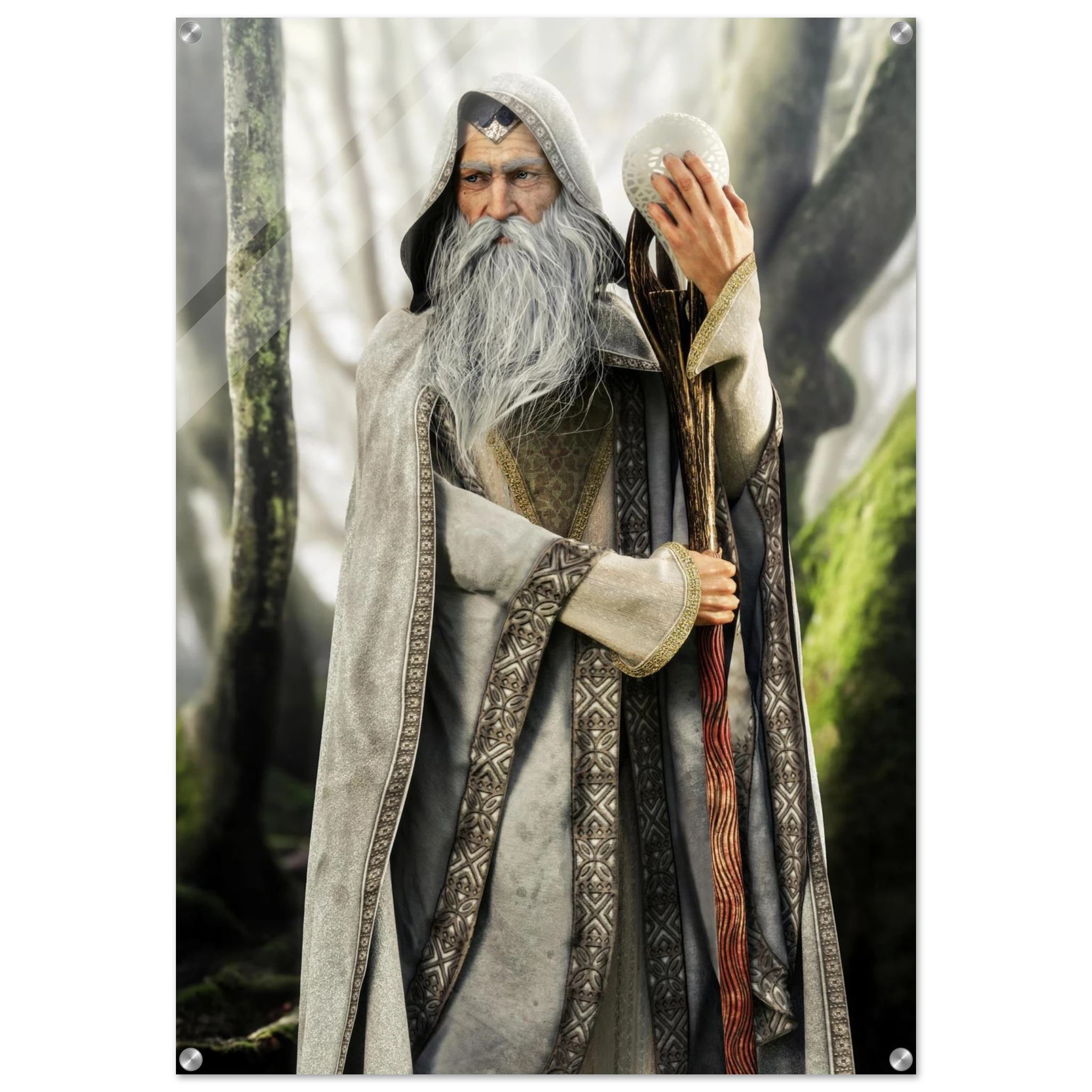 A vertical wall art print or poster depicting an elderly wizard with a long white beard, gray hood, and patterned cloak holding a staff and a white orb, set against a misty forest background. The print has visible mounting holes in the corners.