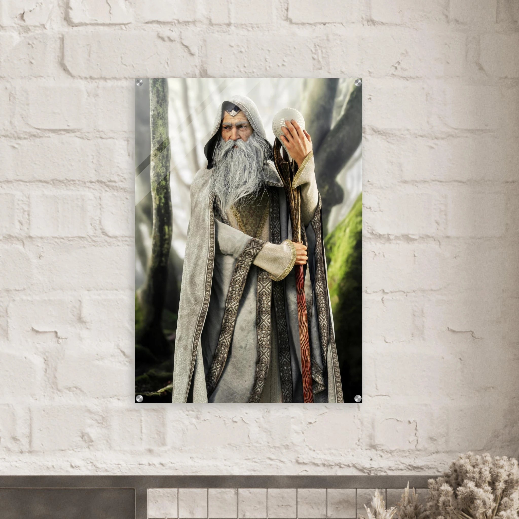 A vertical wall art print featuring a fantasy wizard with a long gray beard and staff, displayed on a white brick wall above a mantel.