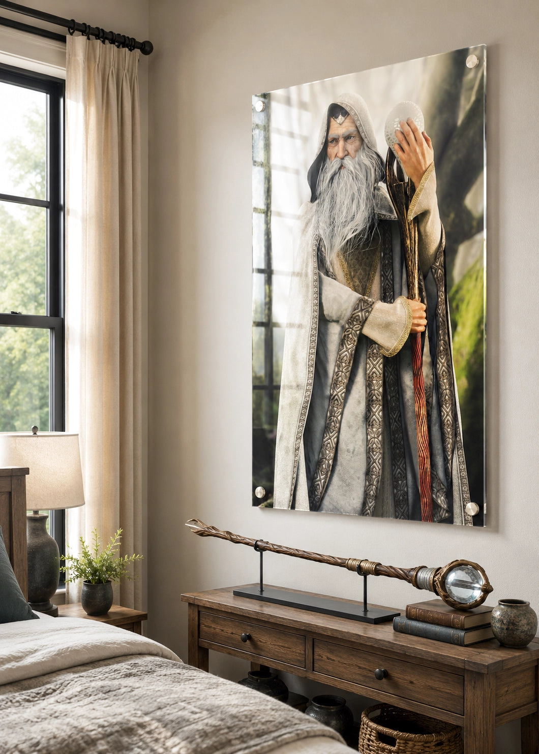 A large vertical wall art print depicting a wizard with a long gray beard and staff, displayed in a styled bedroom above a wooden nightstand.